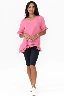 Linen Tops<Willow Tree Hewitt Pink V Neck Ruffle Top