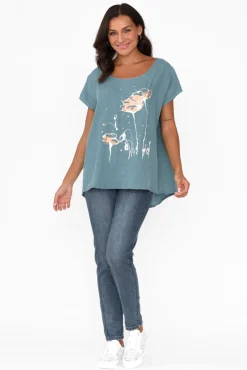 Linen Tops<Cali and Co Hiromi Blue Foil Flower Linen Top