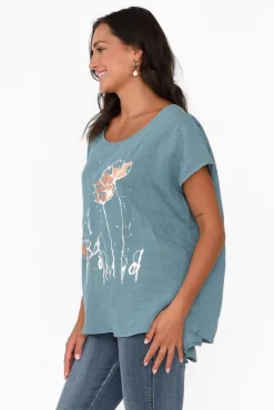 Linen Tops<Cali and Co Hiromi Blue Foil Flower Linen Top