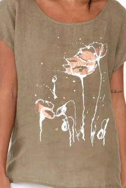 Linen Tops<Cali and Co Hiromi Khaki Foil Flower Linen Top