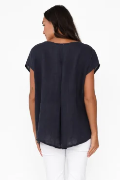 Sleeved Tops<Cali and Co Hiromi Navy Foil Flower Linen Top