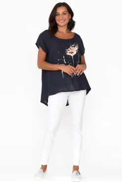 Sleeved Tops<Cali and Co Hiromi Navy Foil Flower Linen Top