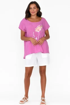Linen Tops<Cali and Co Hiromi Pink Foil Flower Linen Top
