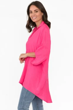 Cotton Tops<Cotton Village Hot Pink Cotton Blend Hi Lo Shirt