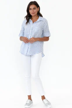 Linen Tops<Worthier Hyatt Blue Stripe Linen Shirt
