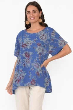 Linen Tops<Cali and Co Idalia Cobalt Blossom Linen Top