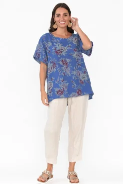 Linen Tops<Cali and Co Idalia Cobalt Blossom Linen Top