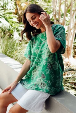 Linen Tops<Cali and Co Idalia Green Blossom Linen Top