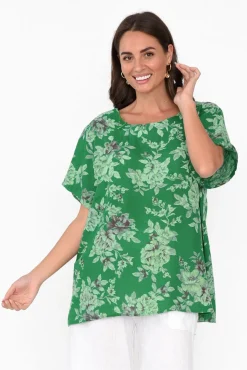 Linen Tops<Cali and Co Idalia Green Blossom Linen Top