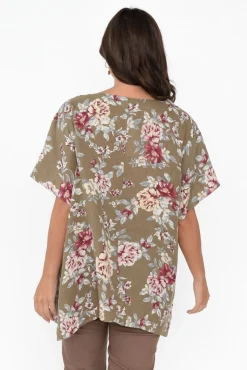 Linen Tops<Cali and Co Idalia Khaki Blossom Linen Top