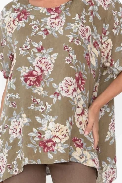 Linen Tops<Cali and Co Idalia Khaki Blossom Linen Top