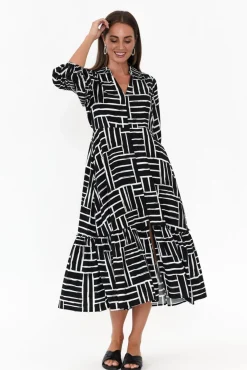 Sleeved Dresses<Silver Wishes Imari Black Stripe Collared Dress