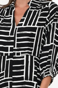 Sleeved Dresses<Silver Wishes Imari Black Stripe Collared Dress