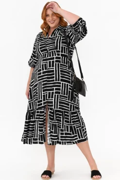 Sleeved Dresses<Silver Wishes Imari Black Stripe Collared Dress