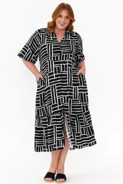 Sleeved Dresses<Silver Wishes Imari Black Stripe Collared Dress