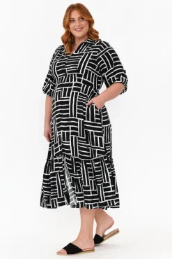 Sleeved Dresses<Silver Wishes Imari Black Stripe Collared Dress