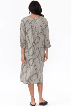 Linen Dresses<La Strada Inez Taupe Circle Linen Button Dress