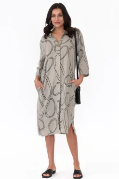 Linen Dresses<La Strada Inez Taupe Circle Linen Button Dress