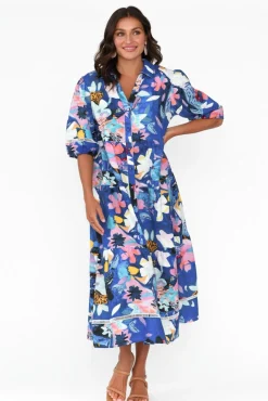 Cotton Dresses<Liberty Rose Ives Cobalt Floral Linen Cotton Shirt Dress