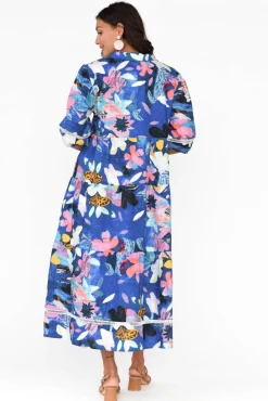 Cotton Dresses<Liberty Rose Ives Cobalt Floral Linen Cotton Shirt Dress