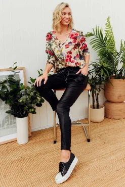 Pants<Indigo Designs Jacinta Black Wet Look Stretch Pant