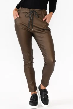 Pants<Indigo Designs Jacinta Bronze Wet Look Stretch Pant