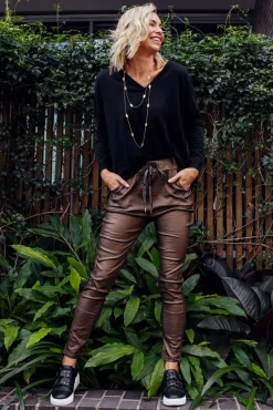 Pants<Indigo Designs Jacinta Bronze Wet Look Stretch Pant