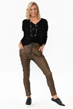 Pants<Indigo Designs Jacinta Bronze Wet Look Stretch Pant