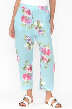Pants<Cali and Co Jacqui Aqua Flower Linen Pants