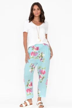 Pants<Cali and Co Jacqui Aqua Flower Linen Pants