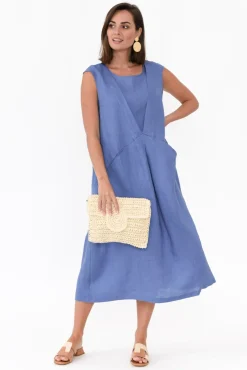 Linen Dresses<Tirelli Jaden Blue V Flange Linen Dress