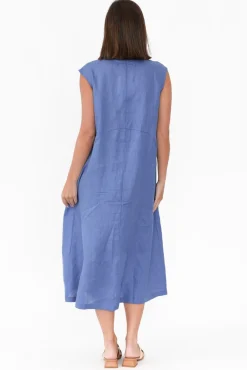 Linen Dresses<Tirelli Jaden Blue V Flange Linen Dress