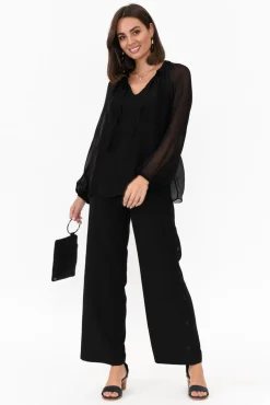 Sleeved Tops<La Strada James Black Front Tie Silk Top
