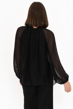 Sleeved Tops<La Strada James Black Front Tie Silk Top