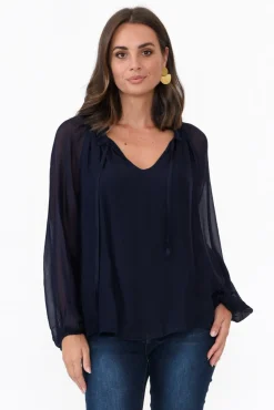 Sleeved Tops<La Strada James Navy Front Tie Silk Top