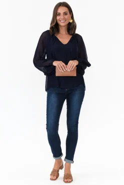 Sleeved Tops<La Strada James Navy Front Tie Silk Top