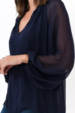 Sleeved Tops<La Strada James Navy Front Tie Silk Top