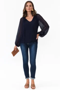Sleeved Tops<La Strada James Navy Front Tie Silk Top