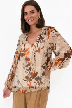 Sleeved Tops<La Strada James Rust Leaf Front Tie Silk Top