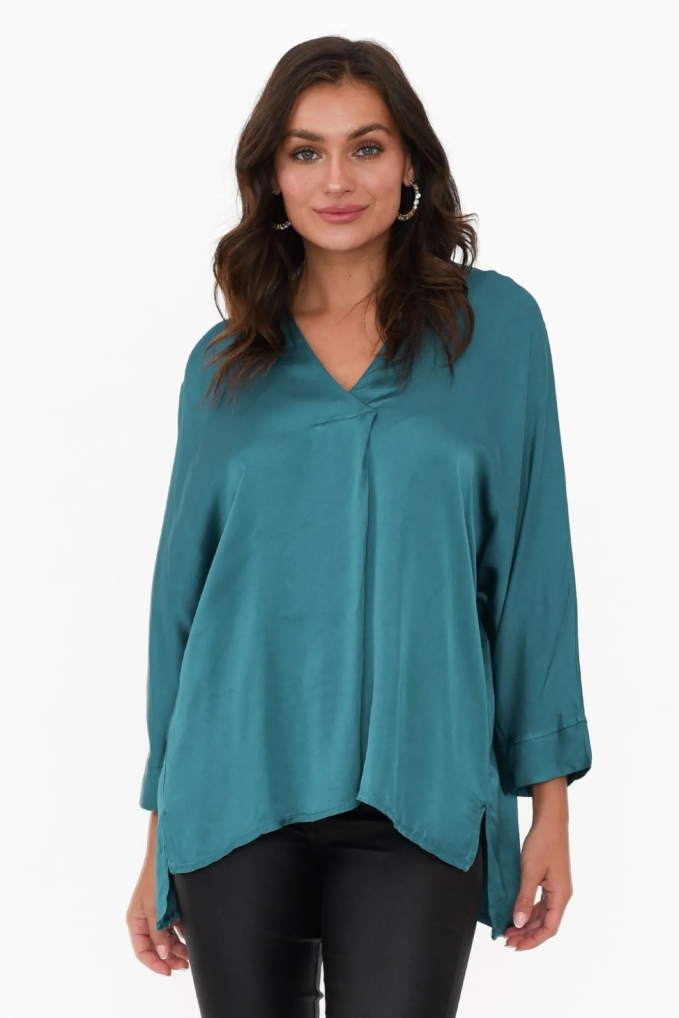 Sleeved Tops<La Strada Jason Teal Gloss Top
