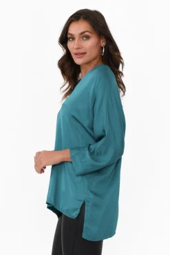 Sleeved Tops<La Strada Jason Teal Gloss Top