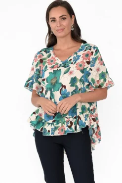 Cotton Tops<Wishstone Jenelle Green Floral Frill Top