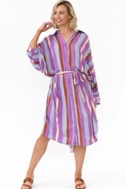 Below Knee Dresses<PQ Jewel Purple Stripe Long Sleeve Shirt Dress