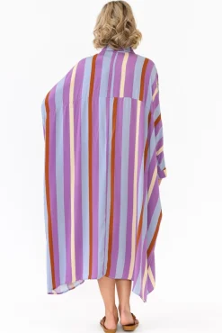 Below Knee Dresses<PQ Jewel Purple Stripe Long Sleeve Shirt Dress