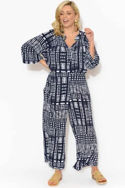 Pants<Portobello Jolene Navy Abstract Print Crinkle Pant