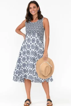 Midi Dresses<Namastai Jolie Navy Fiesta Crinkle Cotton Dress