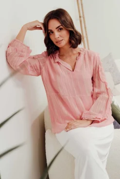 Sleeved Tops<Caju Juno Pink Ruffled Sleeve Blouse