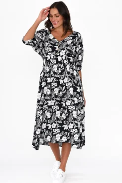 Midi Dresses<New U Collection Kacey Black Garden Button Dress
