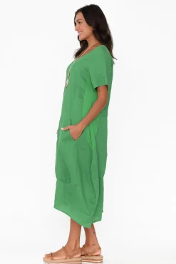 Linen Dresses<Cali and Co Kandace Emerald Linen Pocket Dress