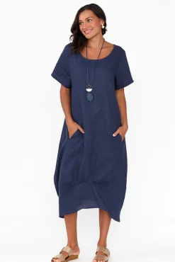 Below Knee Dresses<Cali and Co Kandace Navy Linen Pocket Dress